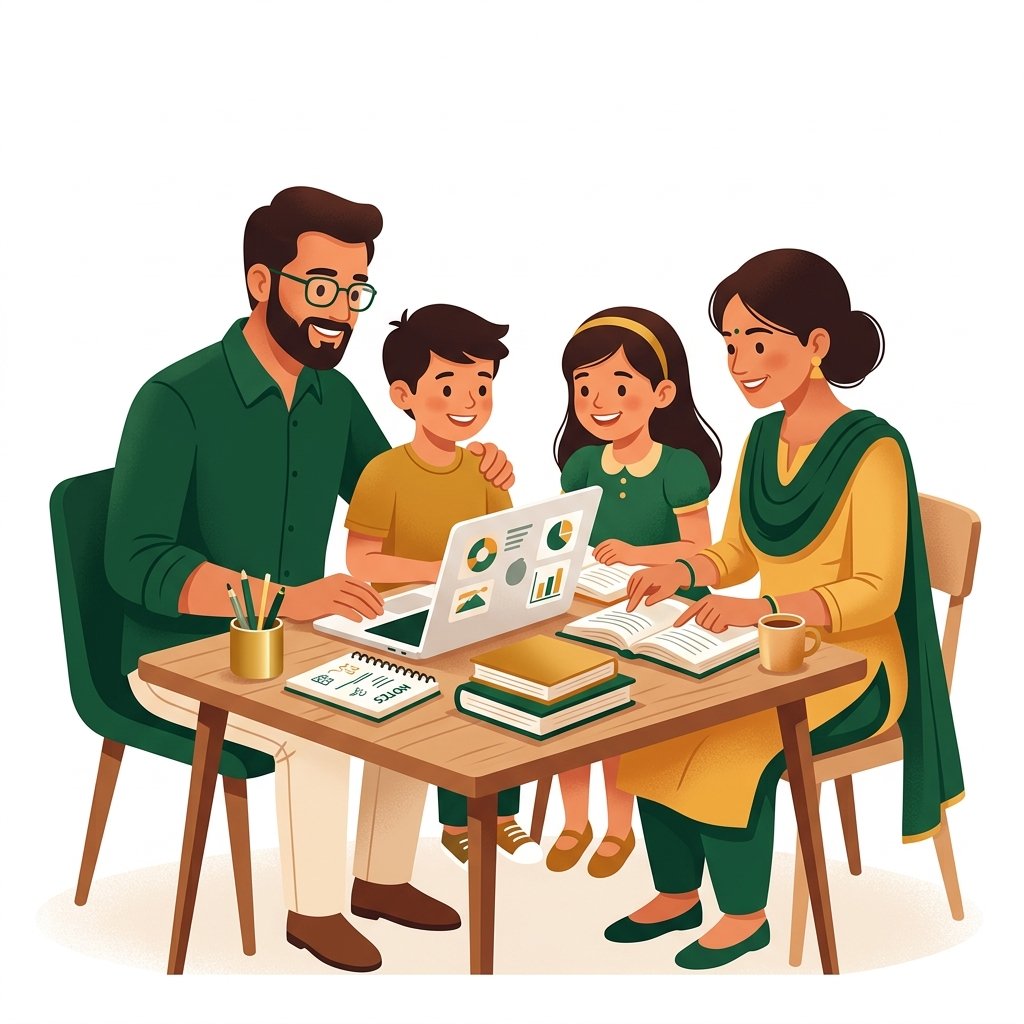 Happy Indian family learning together